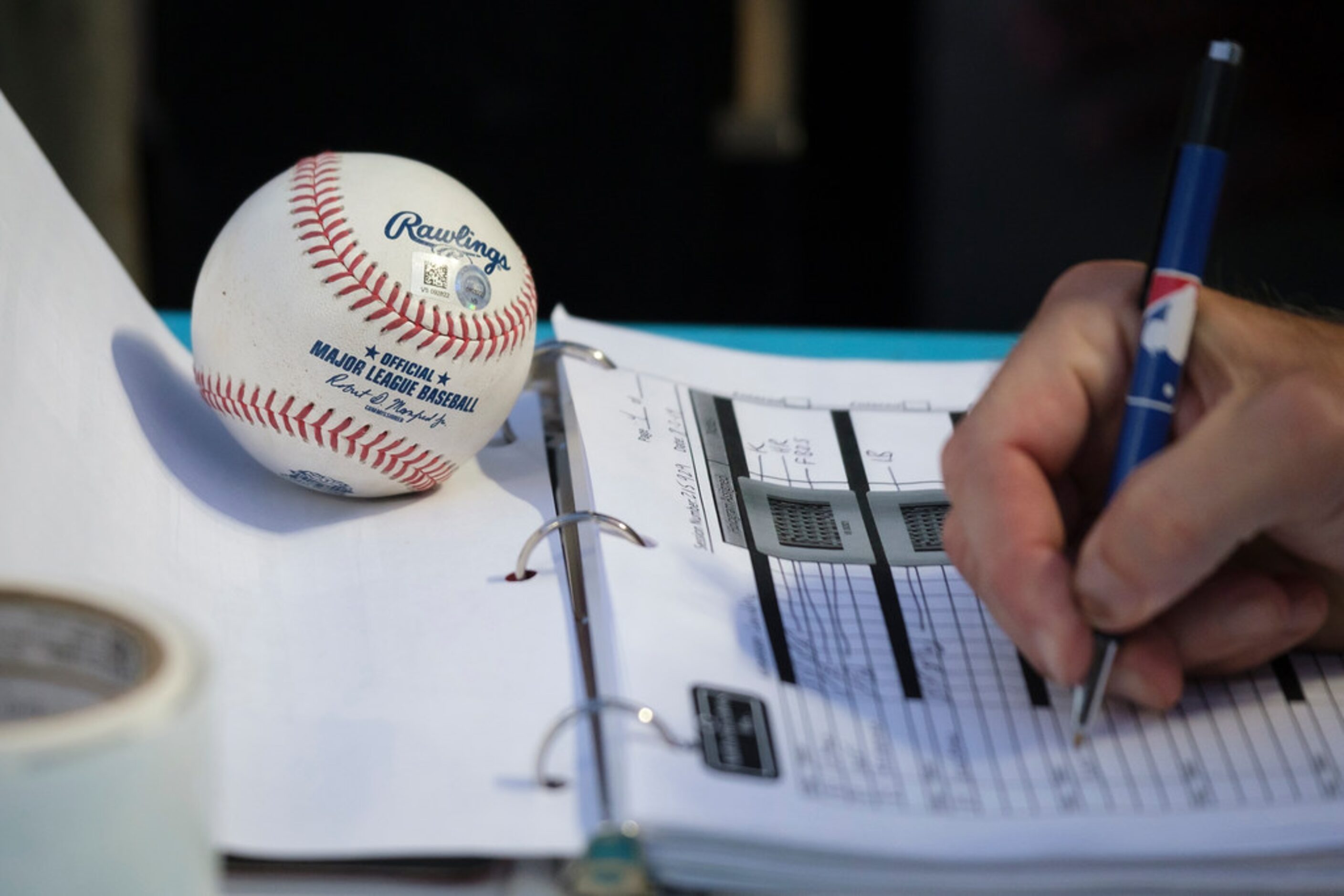 The ball hit by Texas Rangers outfielder Scott Heineman for his first major league hit, a...