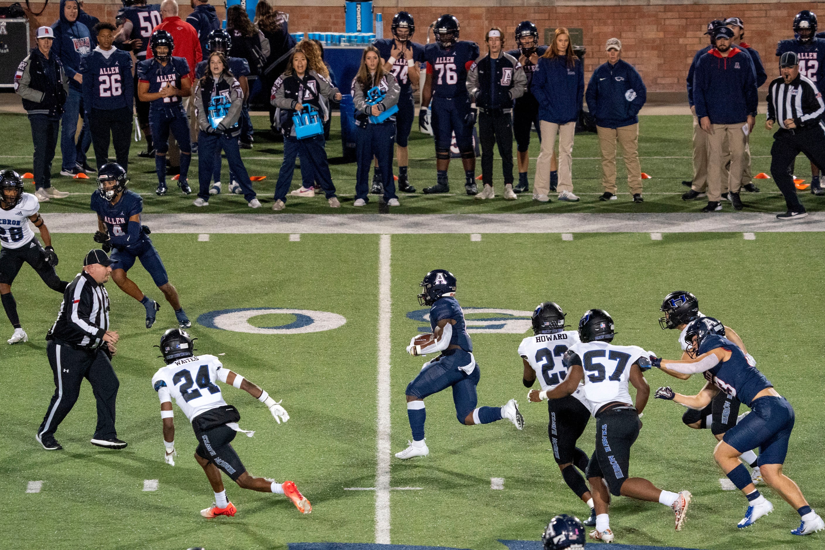 Allen junior running back Devyn D. Turner (6) runs upfield against Hebron during the first...