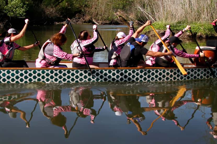 The Dallas United Crew Pink dragon boating team practices March through November on White...