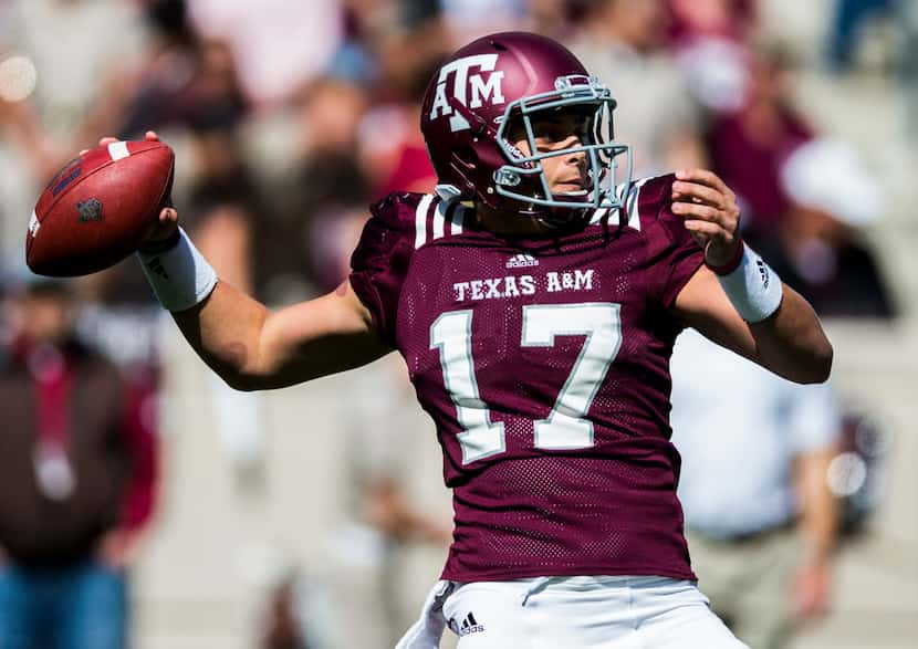 Texas A&M Aggies quarterback Nick Starkel (17) throws a pass during the first quarter of a...