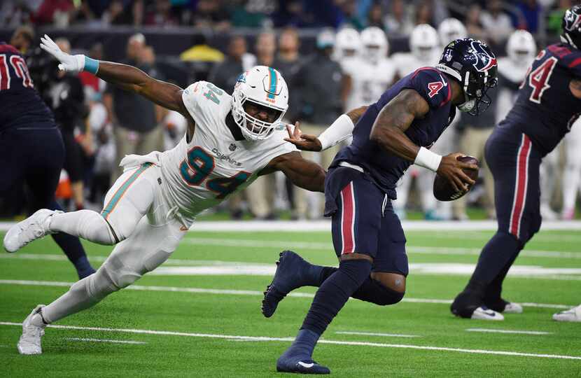 FILE - In this Oct. 25, 2018, file photo, Houston Texans quarterback Deshaun Watson (4) is...