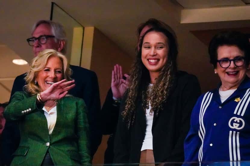 First Lady Jill Biden waves from a suite before the NCAA Women's Final Four Championship...