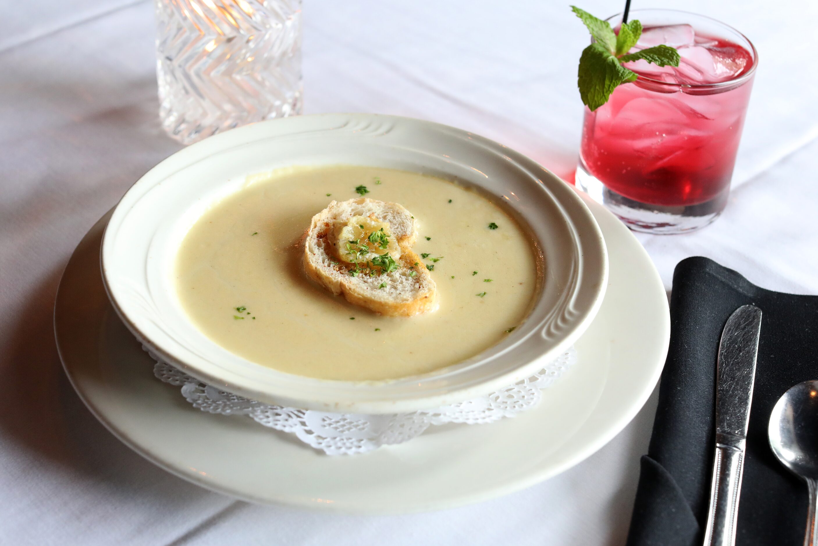 The Champagne Brie Soup at St. Martin's Wine Bistro in Dallas, TX, on May 10, 2023. (Jason...