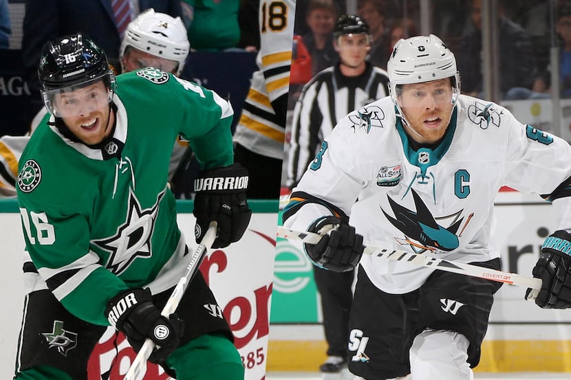 Joe Pavelski with the Dallas Stars (left, 2019) and the San Jose Sharks (right, 2018).