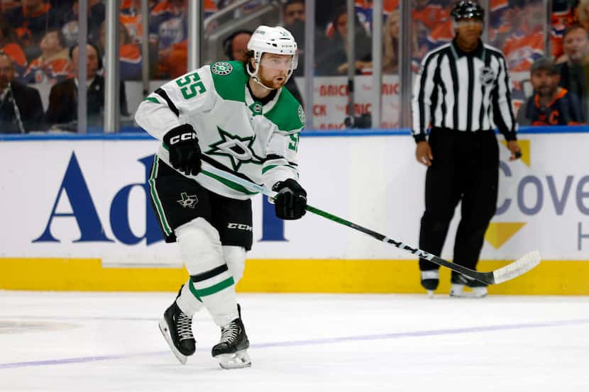 Dallas Stars defenseman Thomas Harley (55) skates up the ice during the first period of Game...