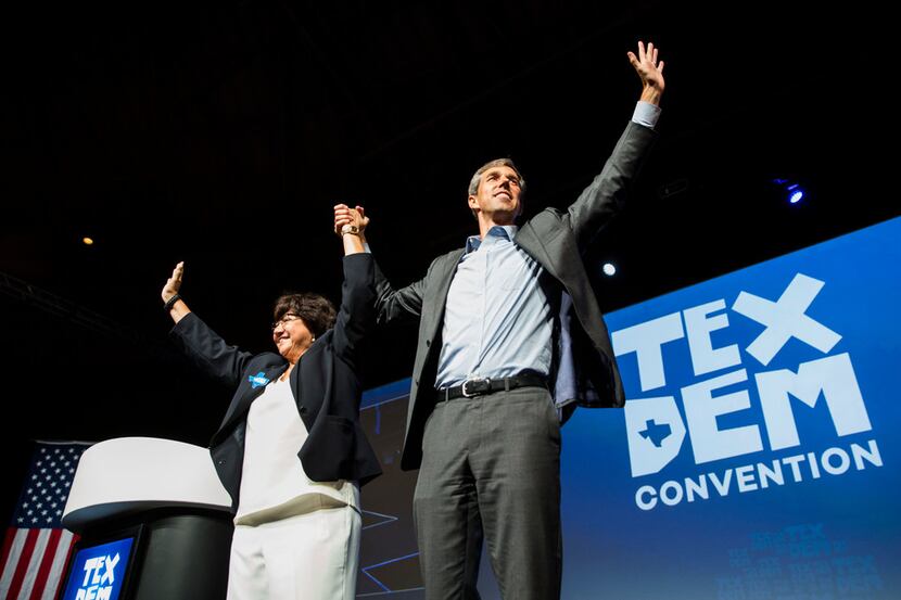 Democratic candidate for governor Lupe Valdez and U.S. Rep. Beto O'Rourke walk the stage...