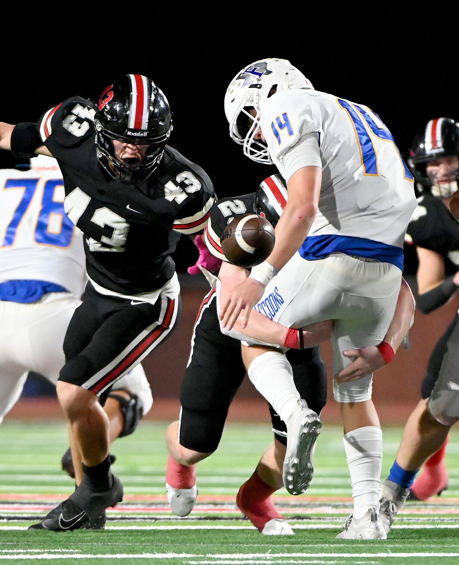 Lovejoy's Dillon Magee sacks Frisco's Brandon Miyazono (14) causing a fumble in the second...