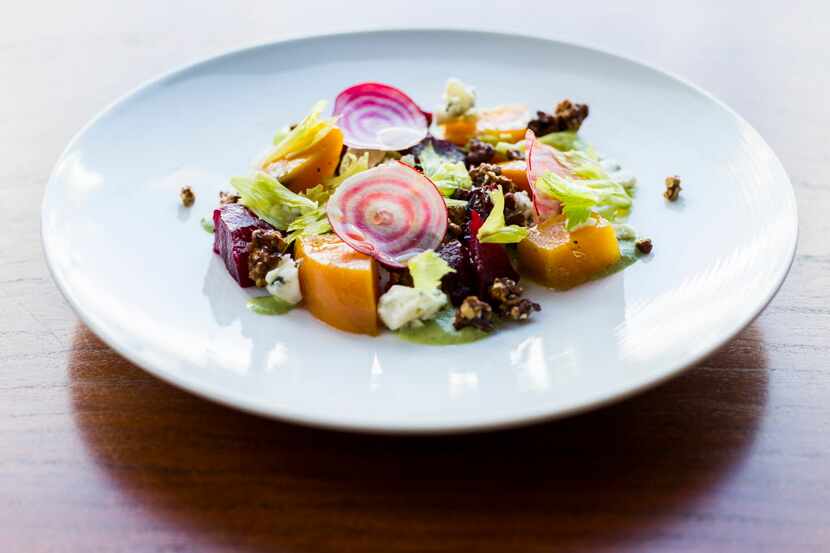 Coal-roasted and shaved raw beets with smoked blue cheese, buttermilk green goddess dressing...