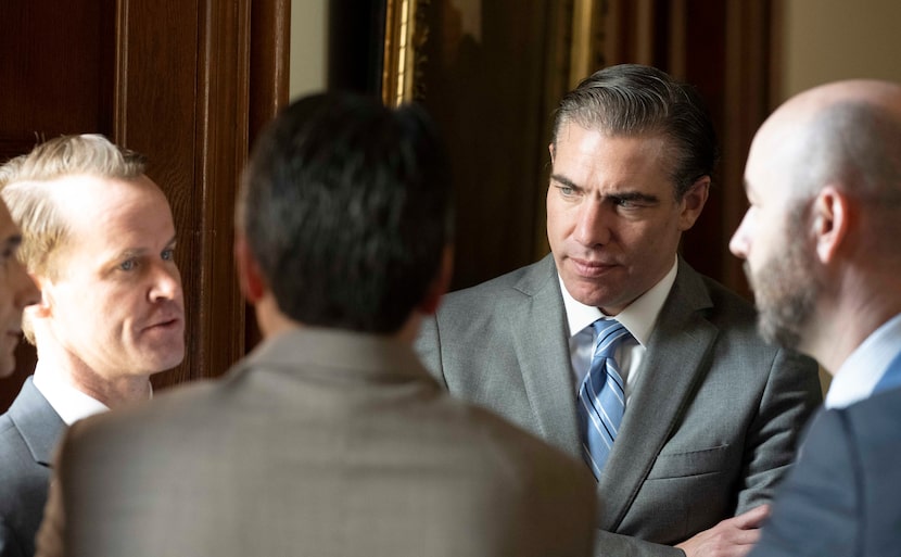 State Rep. Morgan Meyer (second from right) met with House Speaker Dade Phelan (left) and...