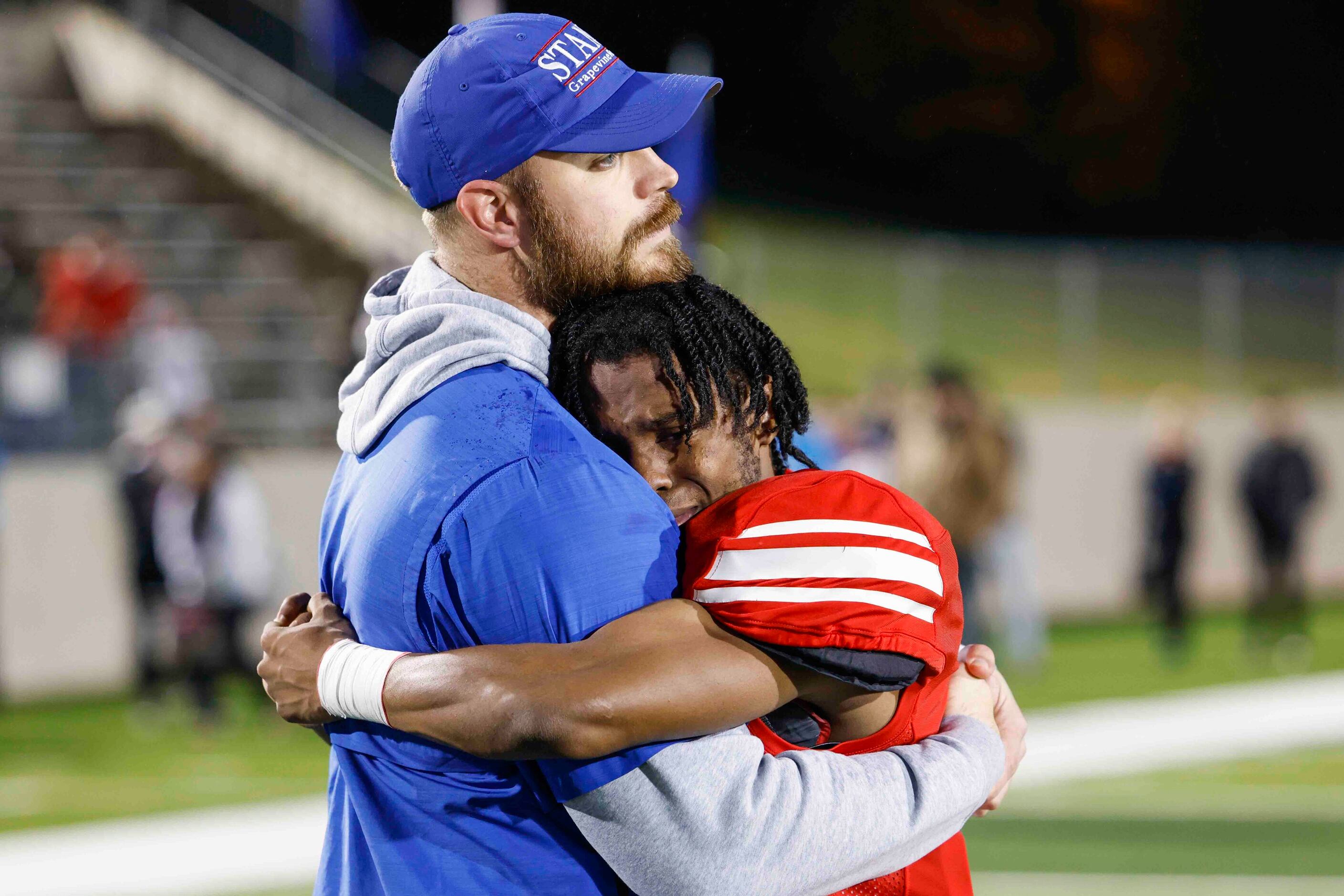 Grapevine High’s CJ Holmes (3) gets emotional after their loss against Argyle at Dragon...