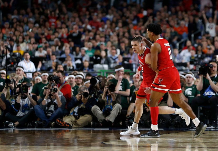 Texas Tech Red Raiders guard Kyler Edwards (0) celebrates with Texas Tech Red Raiders guard...