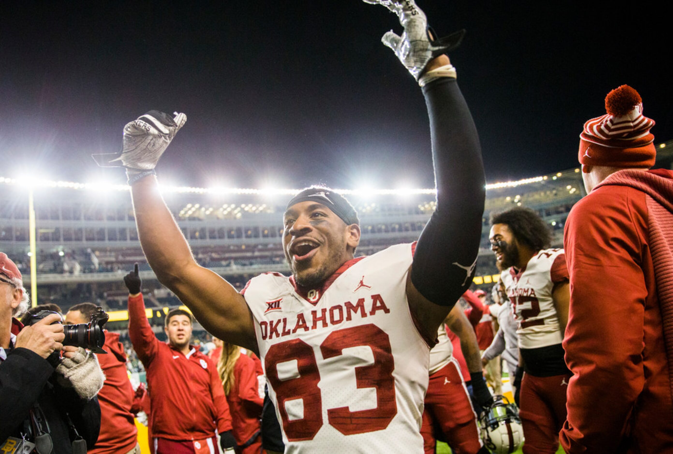 Oklahoma Sooners wide receiver Nick Basquine (83) celebrates after a 34-31 win against the...