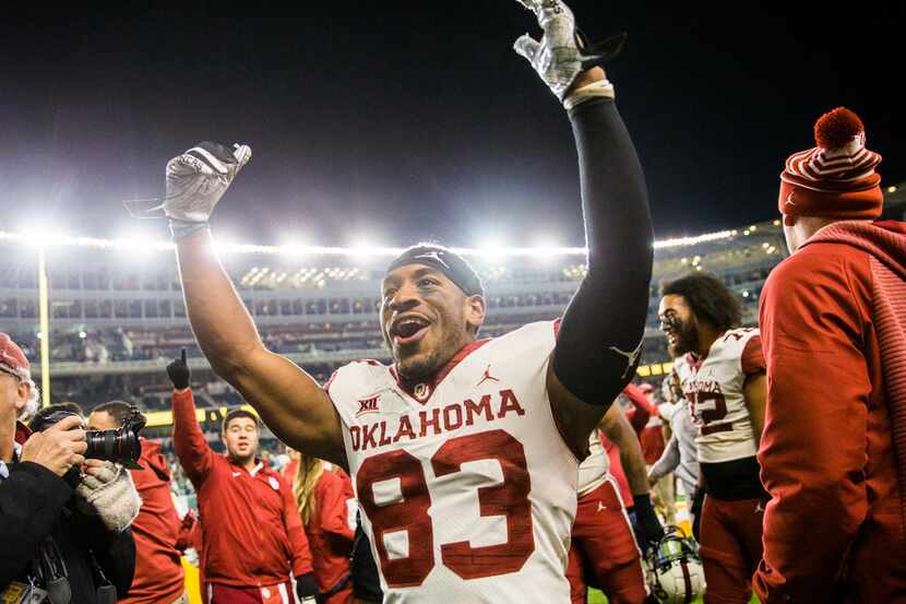 Oklahoma Sooners wide receiver Nick Basquine (83) celebrates after a 34-31 win against the...