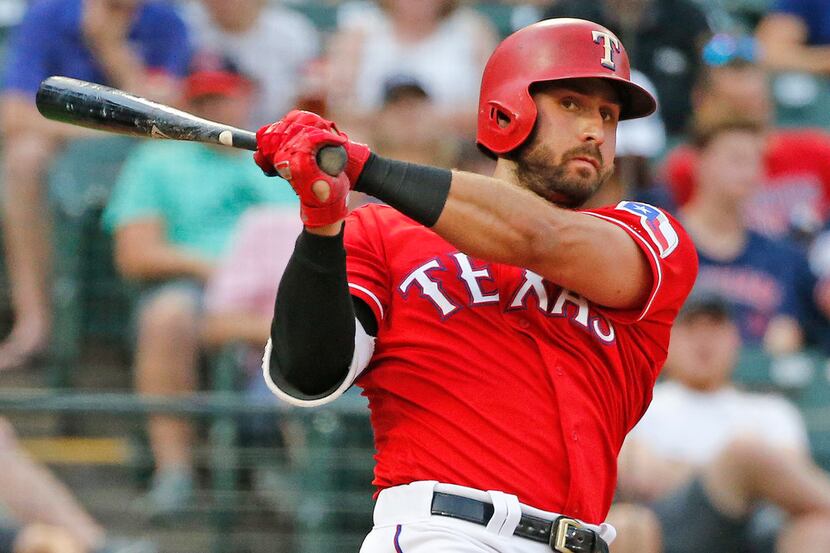 Texas Rangers left fielder Joey Gallo (13) is pictured during the Cleveland Indians vs....