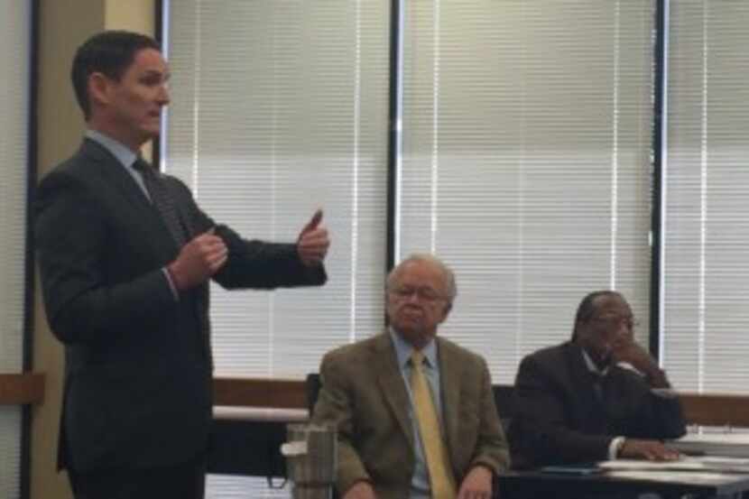  County Judge Clay Jenkins speaks at a Sandbranch meeting Wednesday, as EPA Regional...