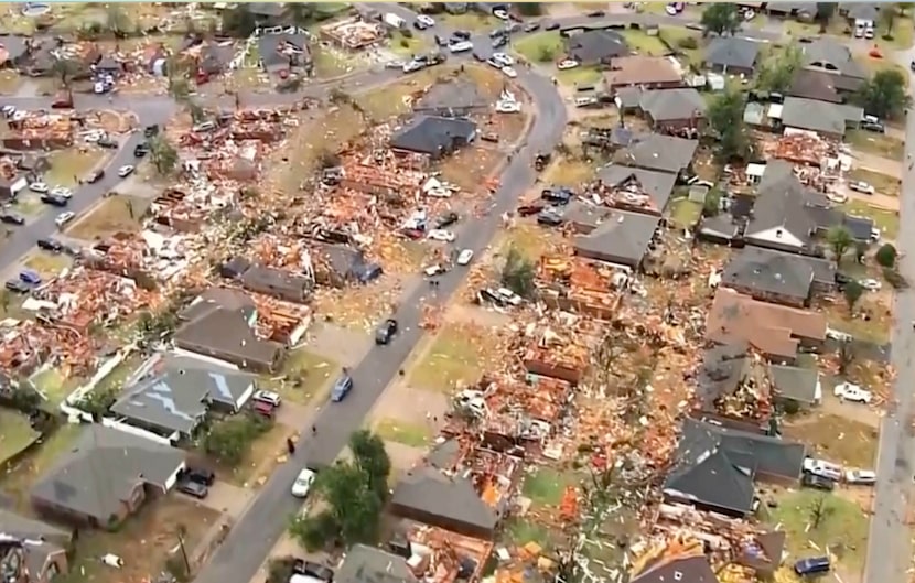 This image taken from video provided by KOCO shows damage caused by a tornado in a...