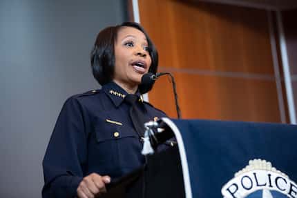 Dallas Police Chief U. Reneé Hall speaks at police headquarters during mass protests in...