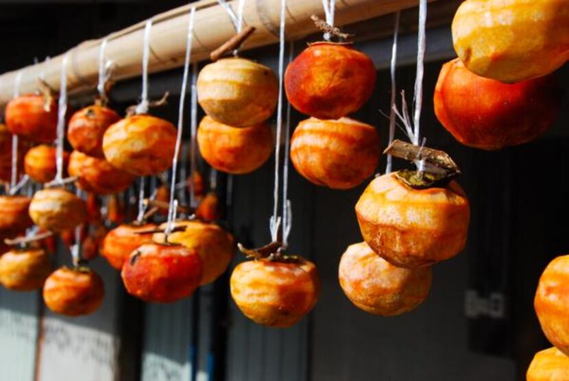 
Peeled persimmons are hung to dry in the sun outside a farmhouse on the Kunisaki Peninsula....