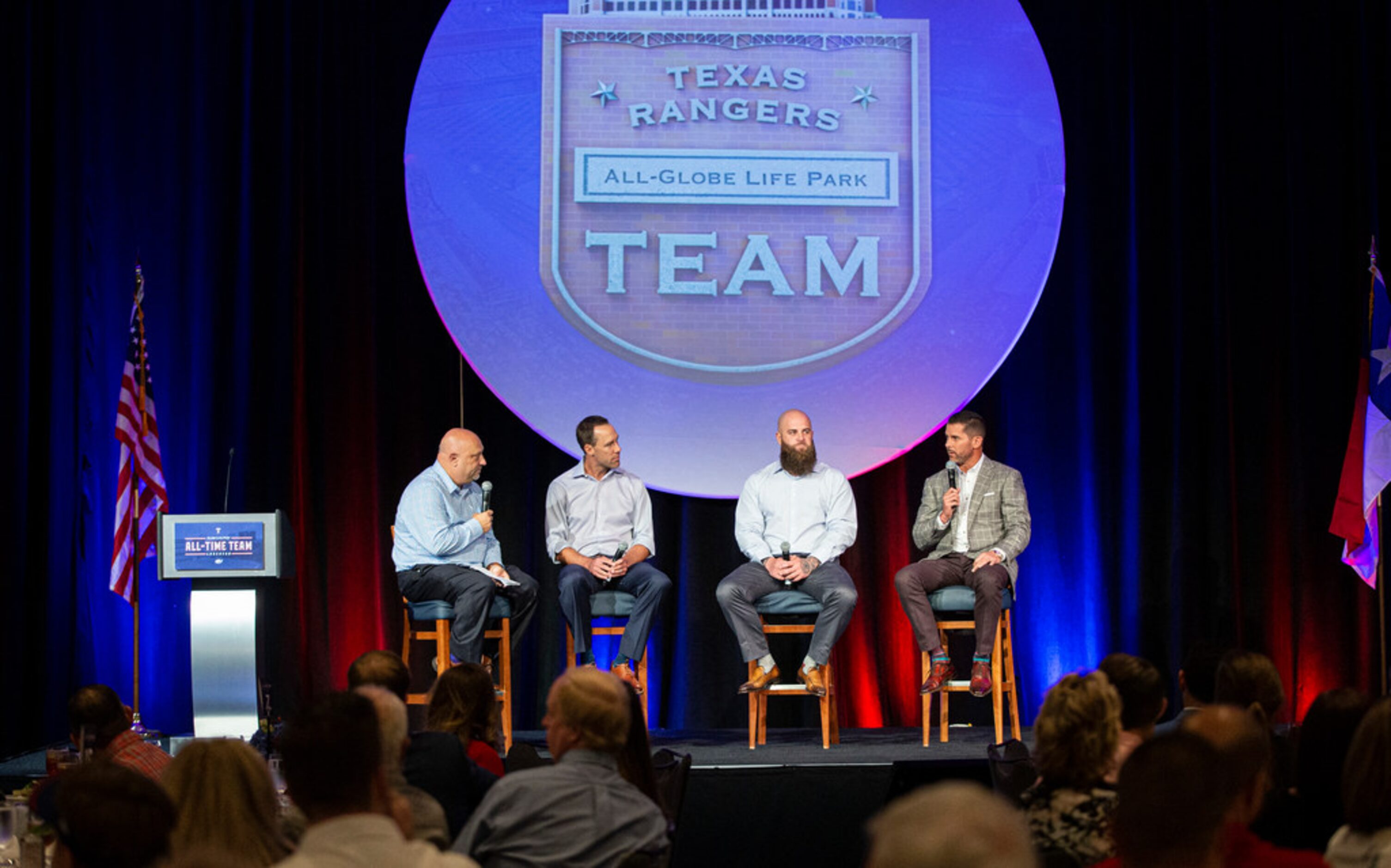 Texas Rangers beat writer Evan Grant, left, asks former players David Murphy, second from...