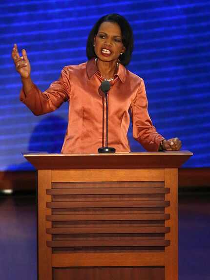 Former Secretary of State Condoleeza Rice gestures during her speech to the 2012 Republican...