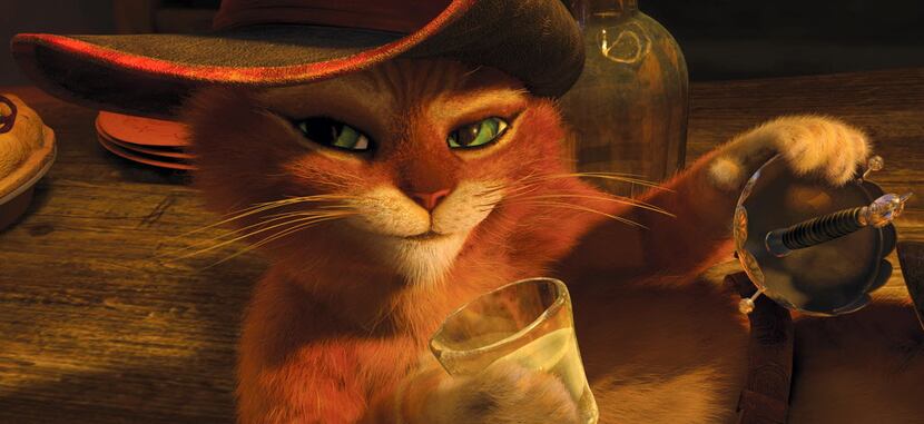 In this image released by Paramount Pictures, Puss in Boots, voiced by Antonio Banderas, is...