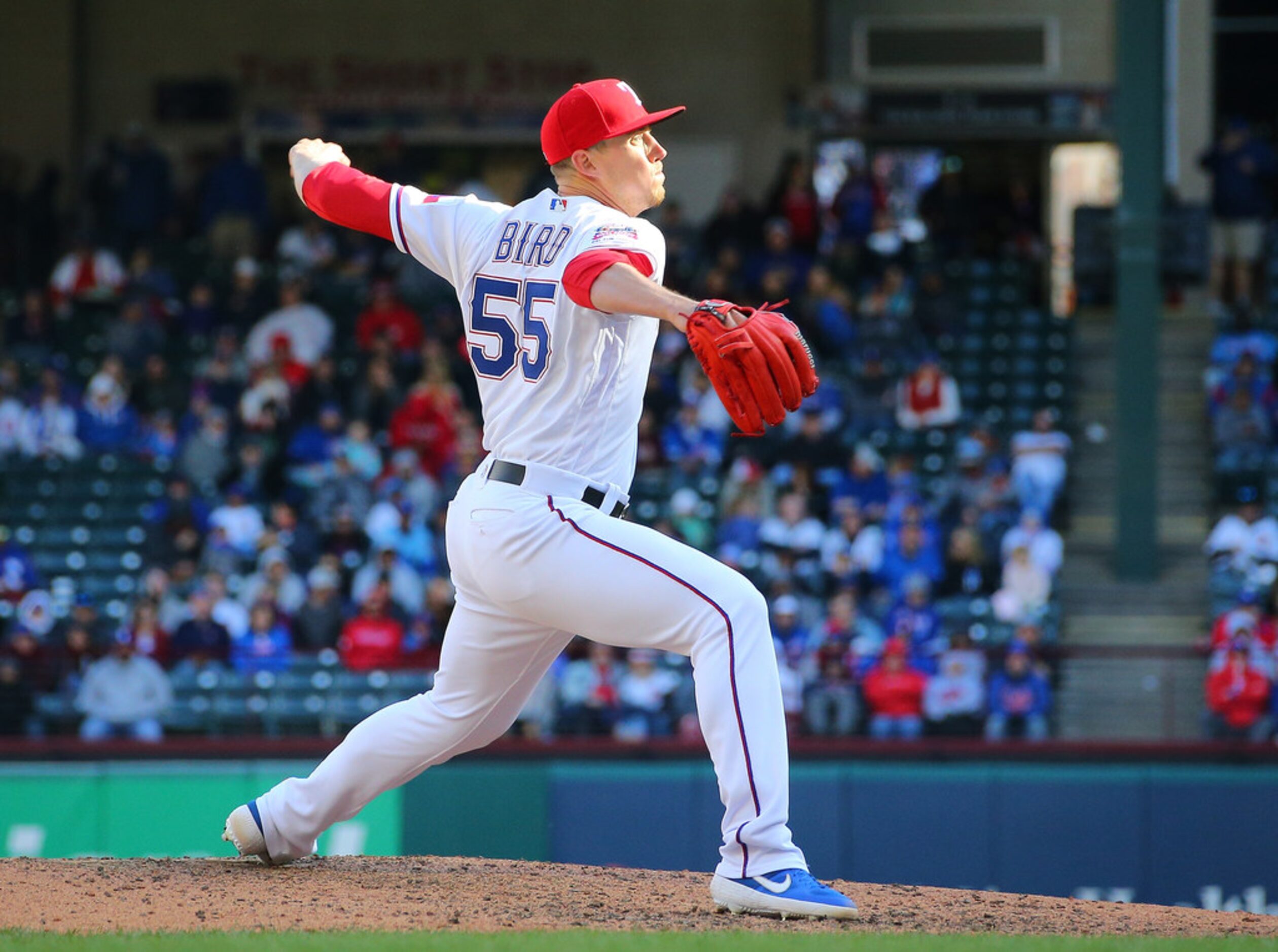 ARLINGTON, TX - MARCH 31: Kyle Bird #55 of the Texas Rangers in the sixth inning against the...