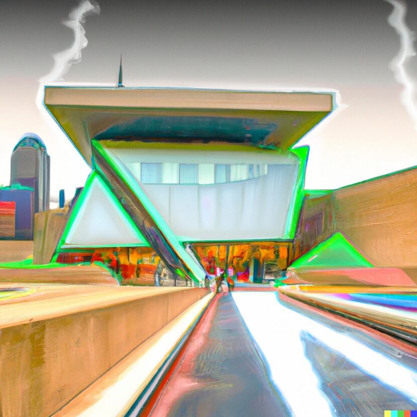 A rendering generated by the AI program DALL-E of the Perot Museum crossed with Dallas City...