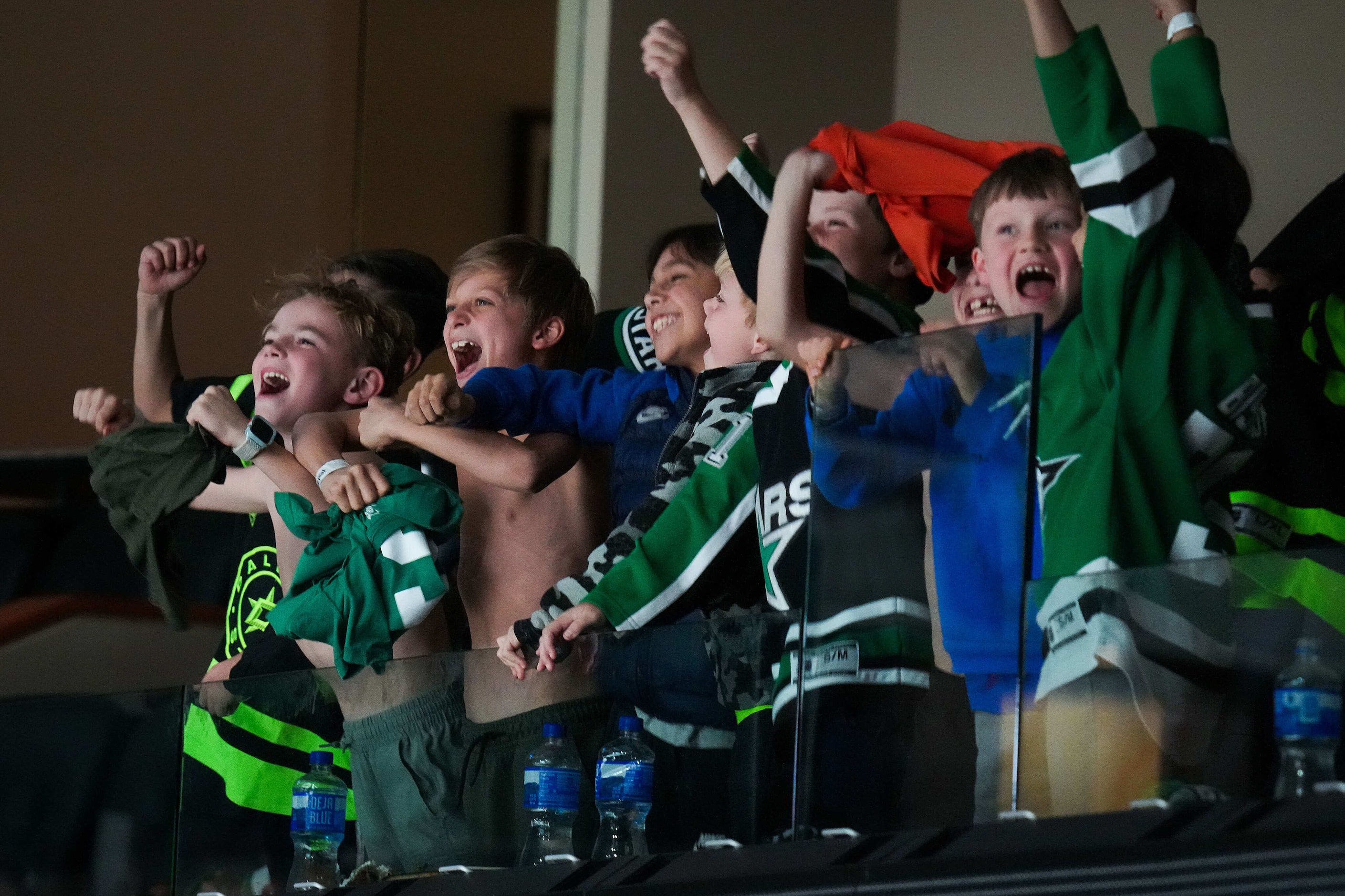 Dallas Stars fans cheer during the third period of an NHL hockey game against the Winnipeg...