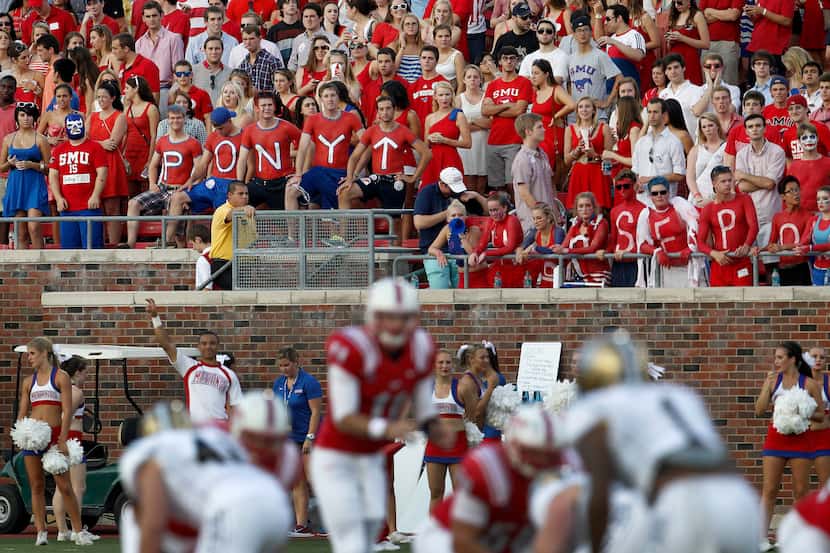 SMU fans in the first half of NCAA College Football action between SMU and Montana State at...
