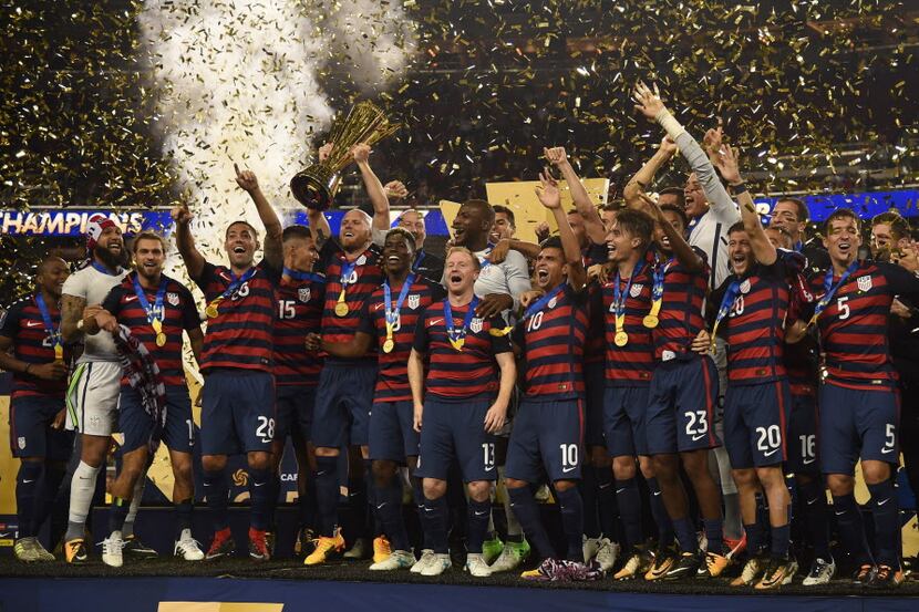 The USA team celebrates winning the final football game of the 2017 CONCACAF Gold Cup...