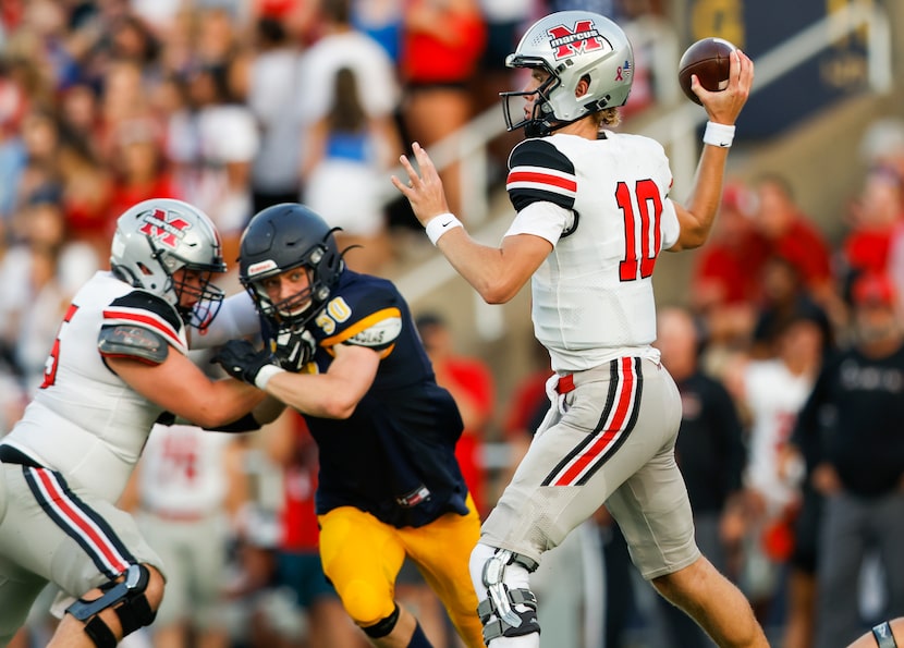 Flower Mound Marcus quarterback Cole Welliver (10) throws against Highland Park during the...