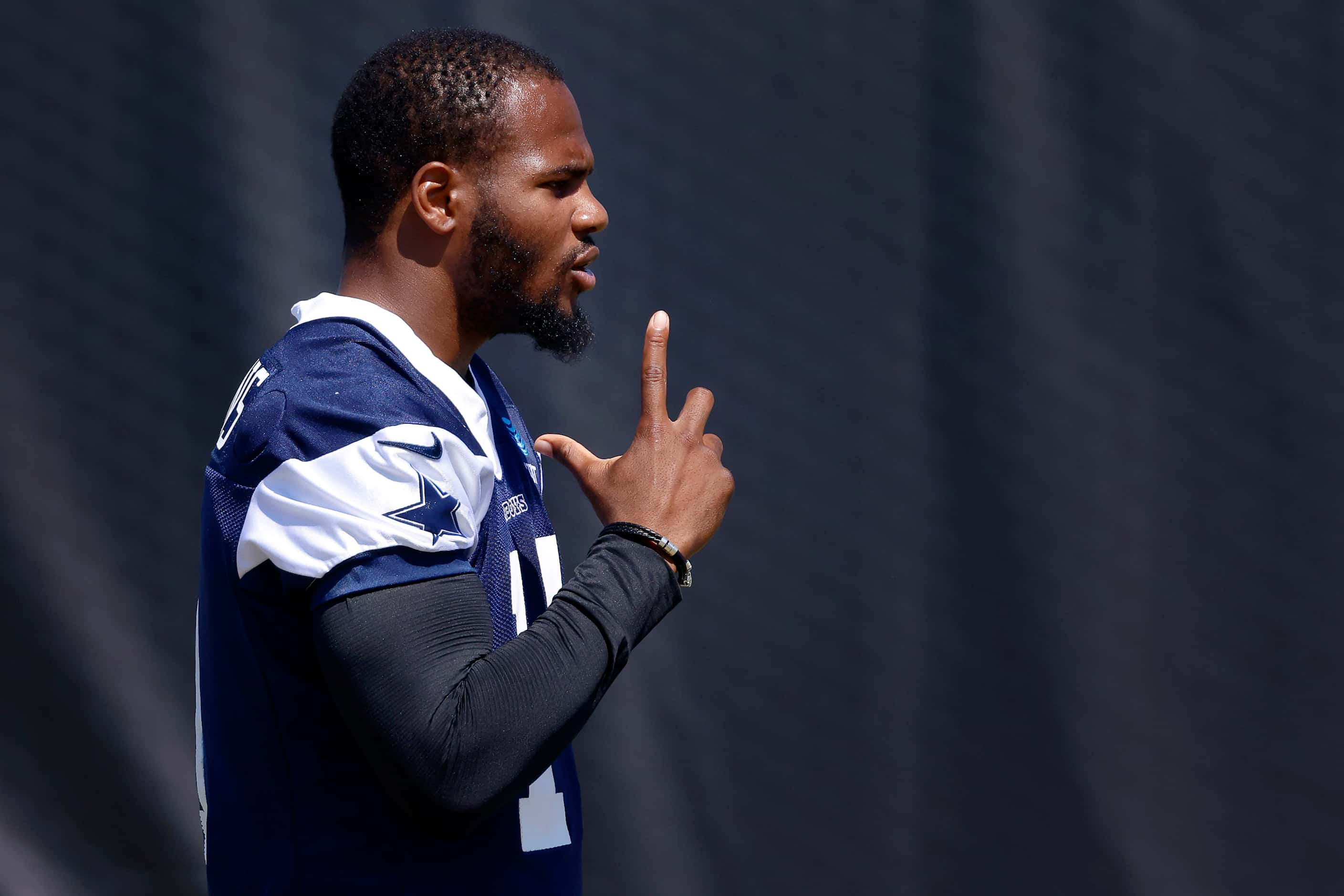 Dallas Cowboys linebacker Micah Parsons waits for a play to start during a mock game in...