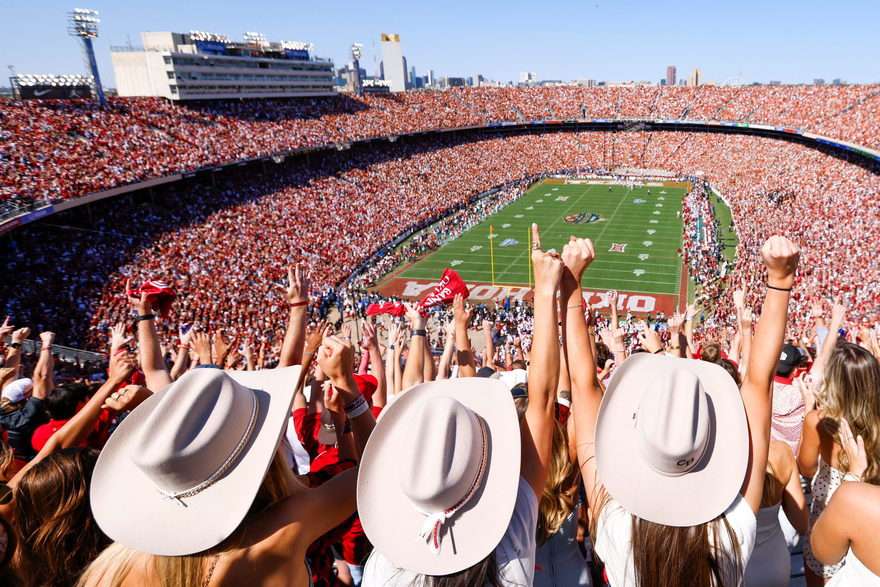 Crowd cheer after a Okloha touchdown against Texas during the Red River Showdown at the...