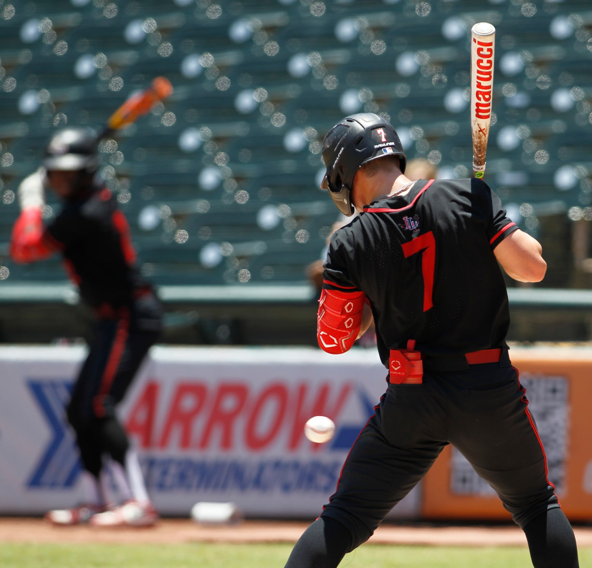 Lovejoy 3rd baseman Matthew Mainord (7) gets hit by a pitch during the top of the 2nd inning...