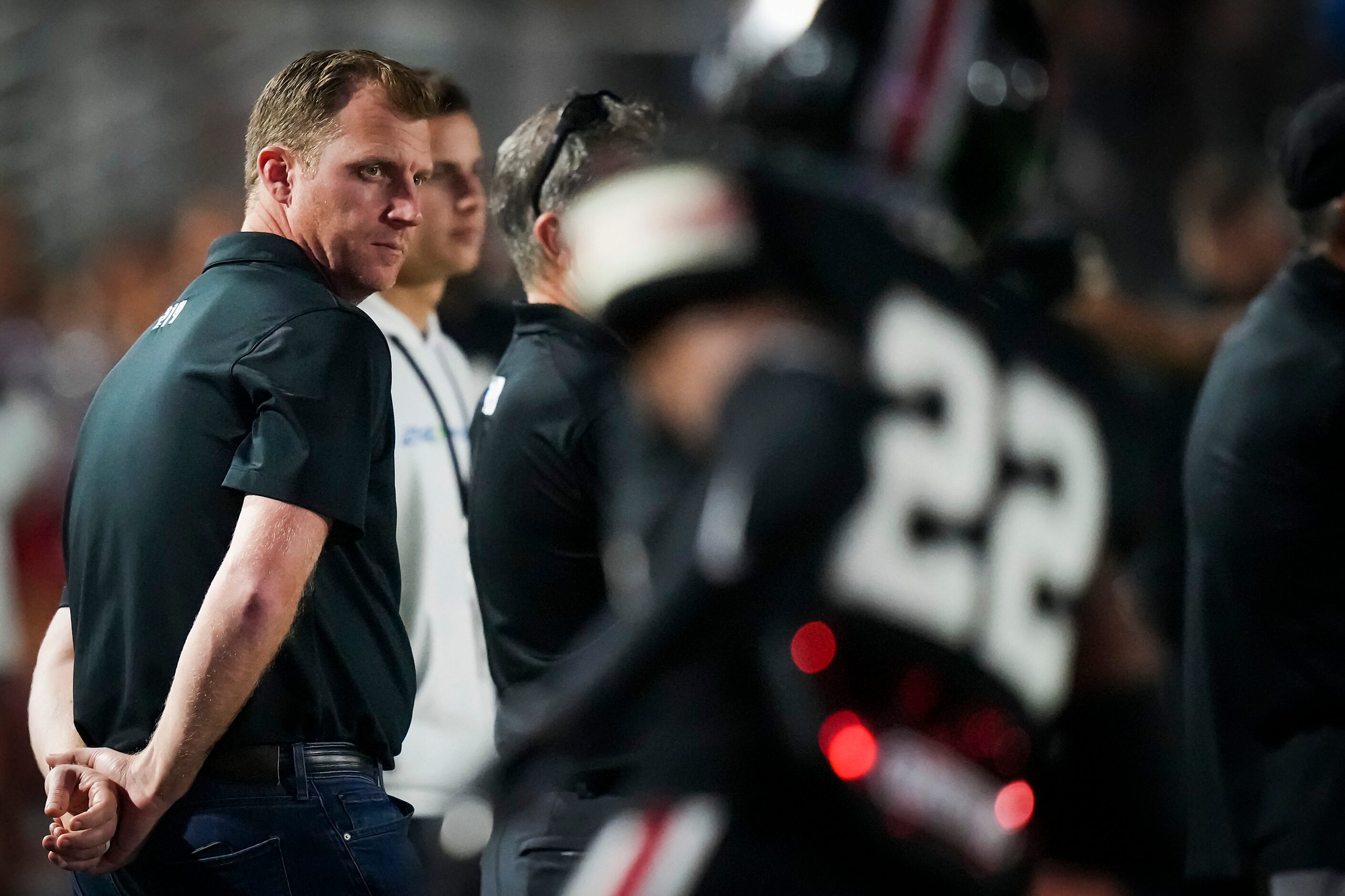 SMU coach Rhett Lashlee watches from the sidelines during the first half of a District 7-5A...