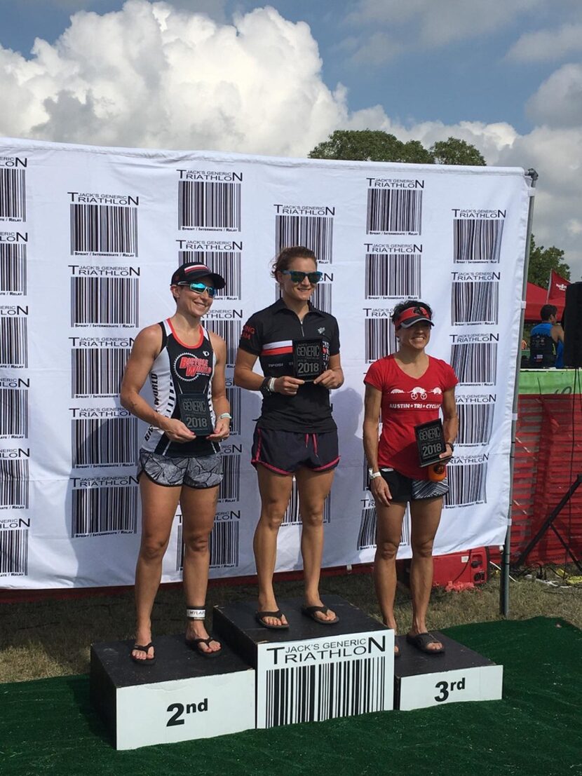 Brandi Grissom Swicegood at the podium of Jake's Generic Triathlon in Austin. Swicegood...