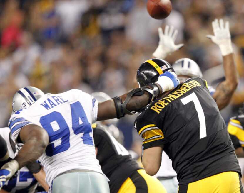 Dallas Cowboys outside linebacker DeMarcus Ware (94) hits Pittsburgh Steelers quarterback...