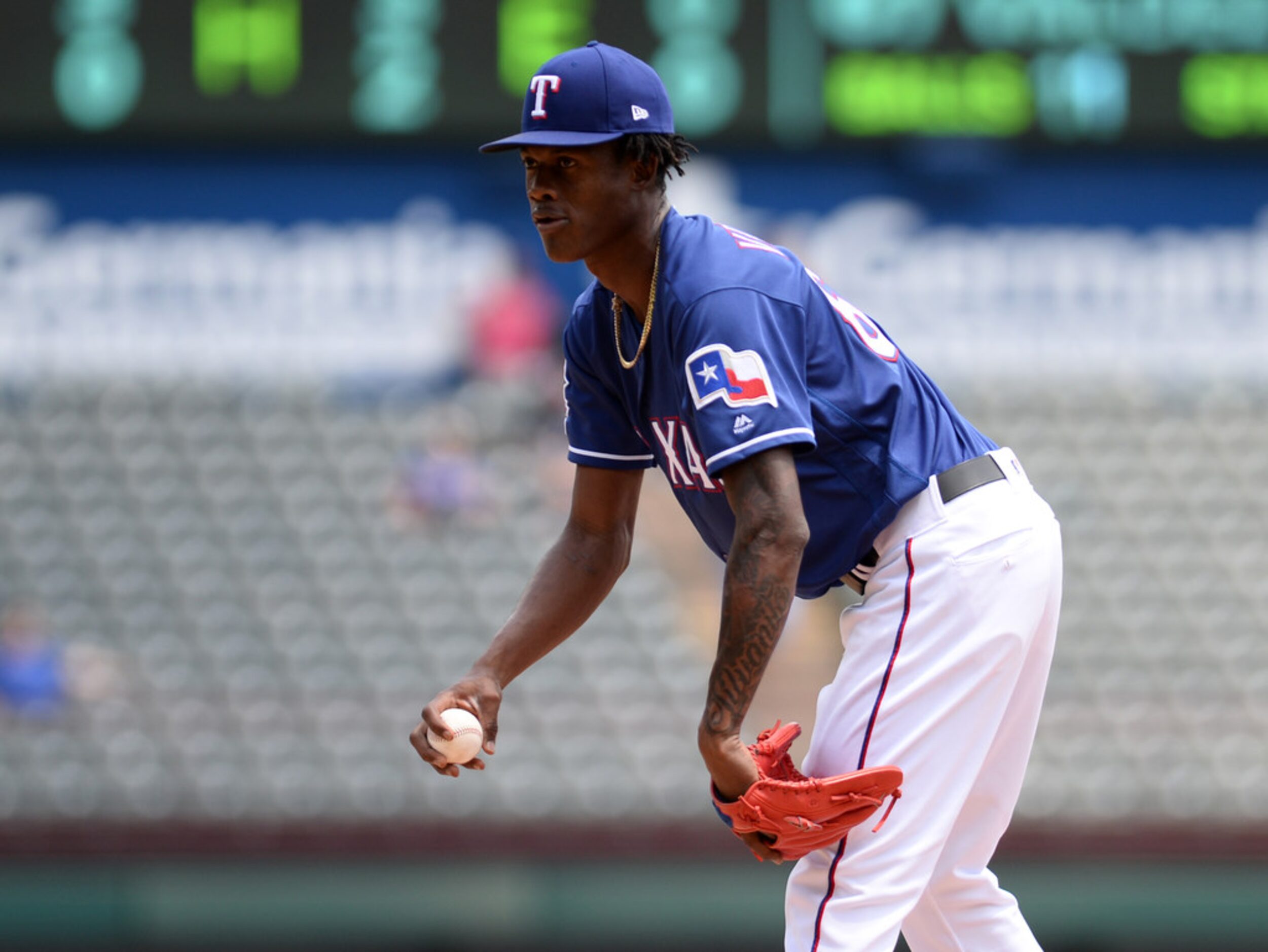 ARLINGTON, TEXAS - AUGUST 20: Phillips Valdez #67 of the Texas Rangers pitches against the...