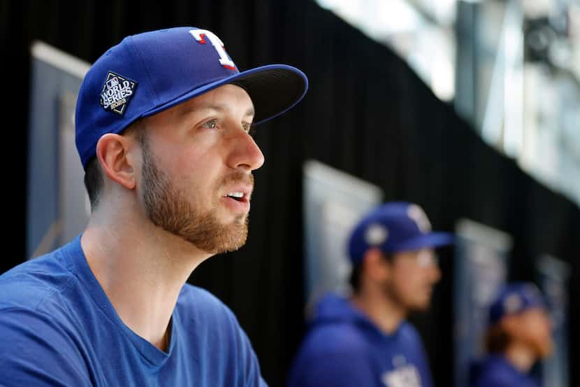 Texas Rangers Mitch Garver responds to questions from the media during MLB World Series...