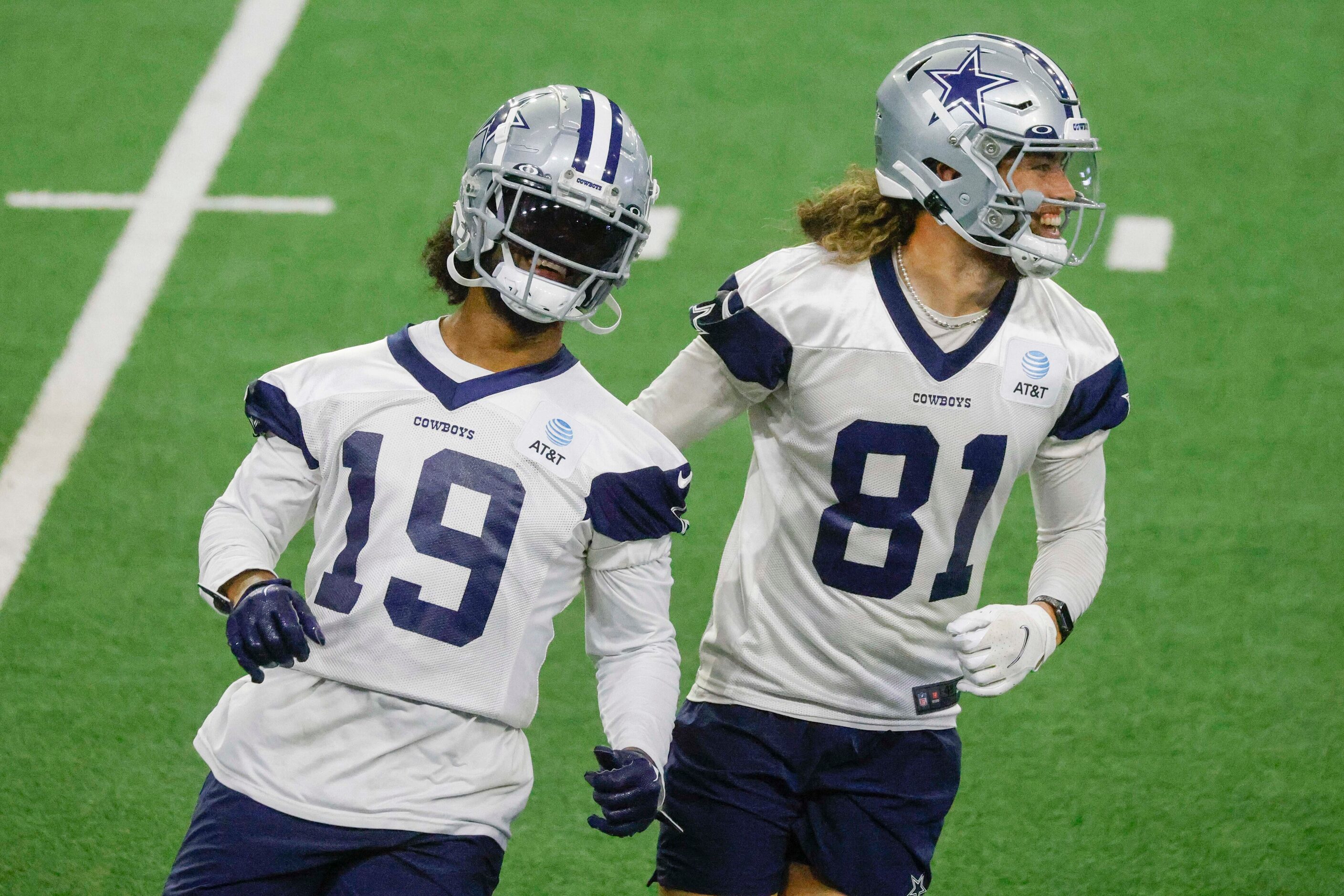 Dallas Cowboys wide receiver Dontario Drummond (left) and wide receiver Simi Fehoko take...