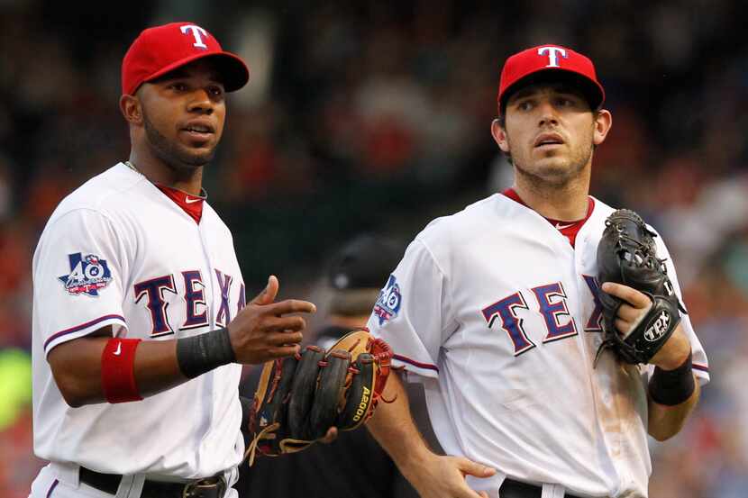 Texas shortstop Elvis Andrus and second baseman Ian Kinsler are pictured during the Chicago...