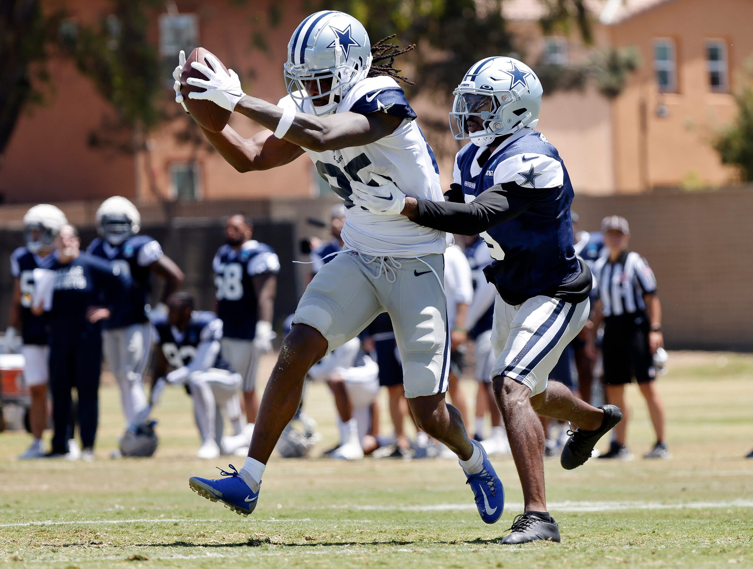 Dallas Cowboys wide receiver Noah Brown (85) comes down with a pass completion as he’s...