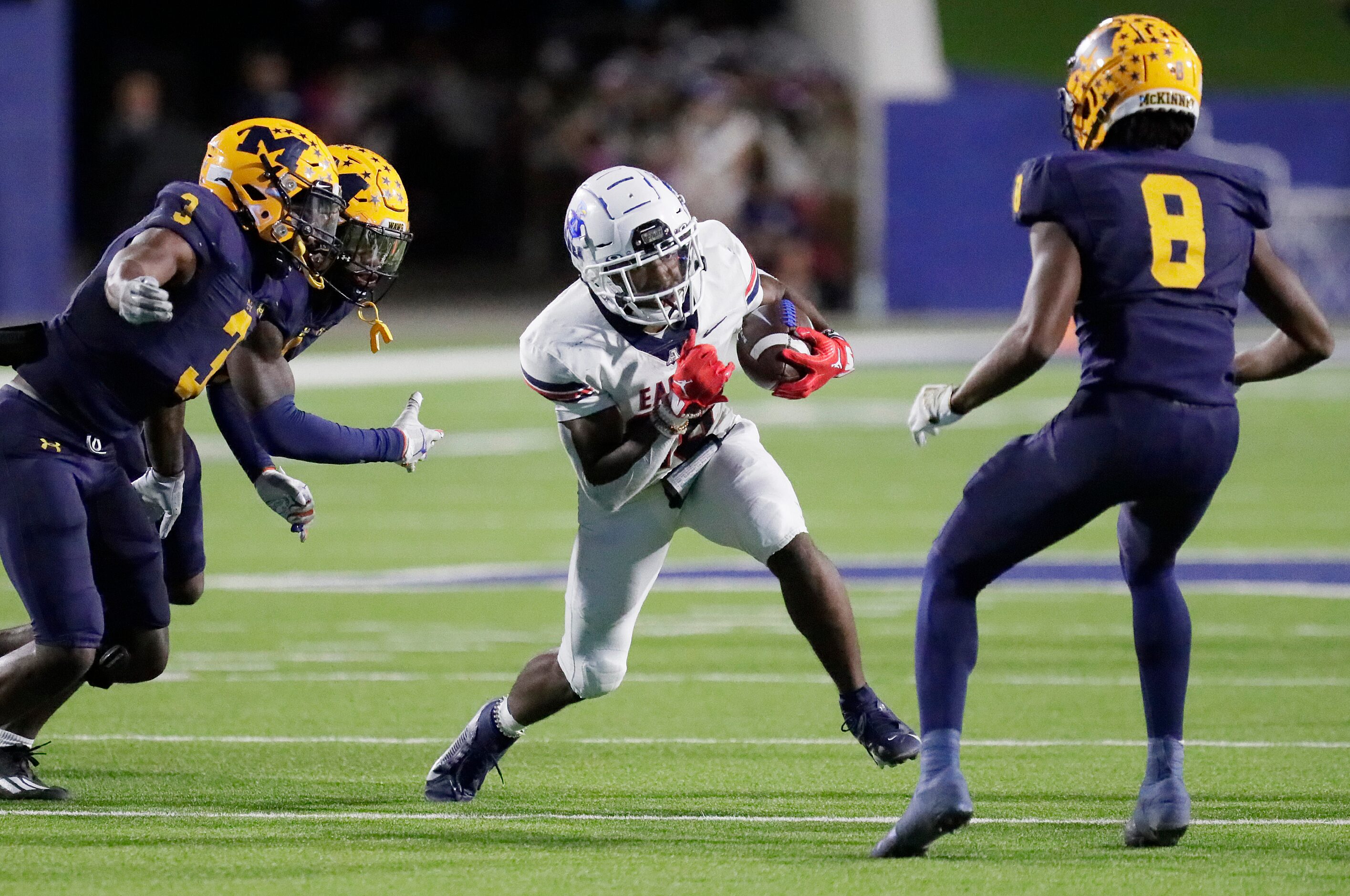 Allen High School running back Amir Mcdowell (28) runs the ball during the first half as...