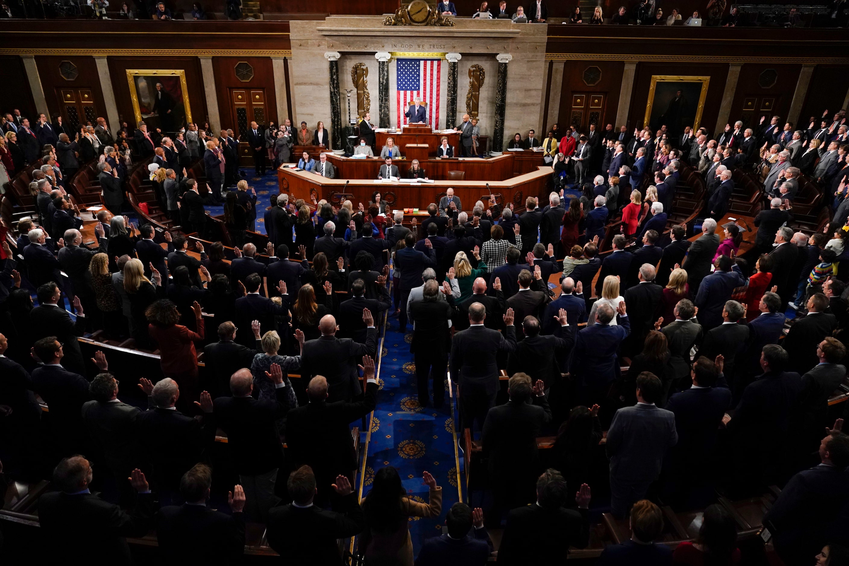 House Speaker Kevin McCarthy of Calif., swears in members of the 118th Congress on the House...