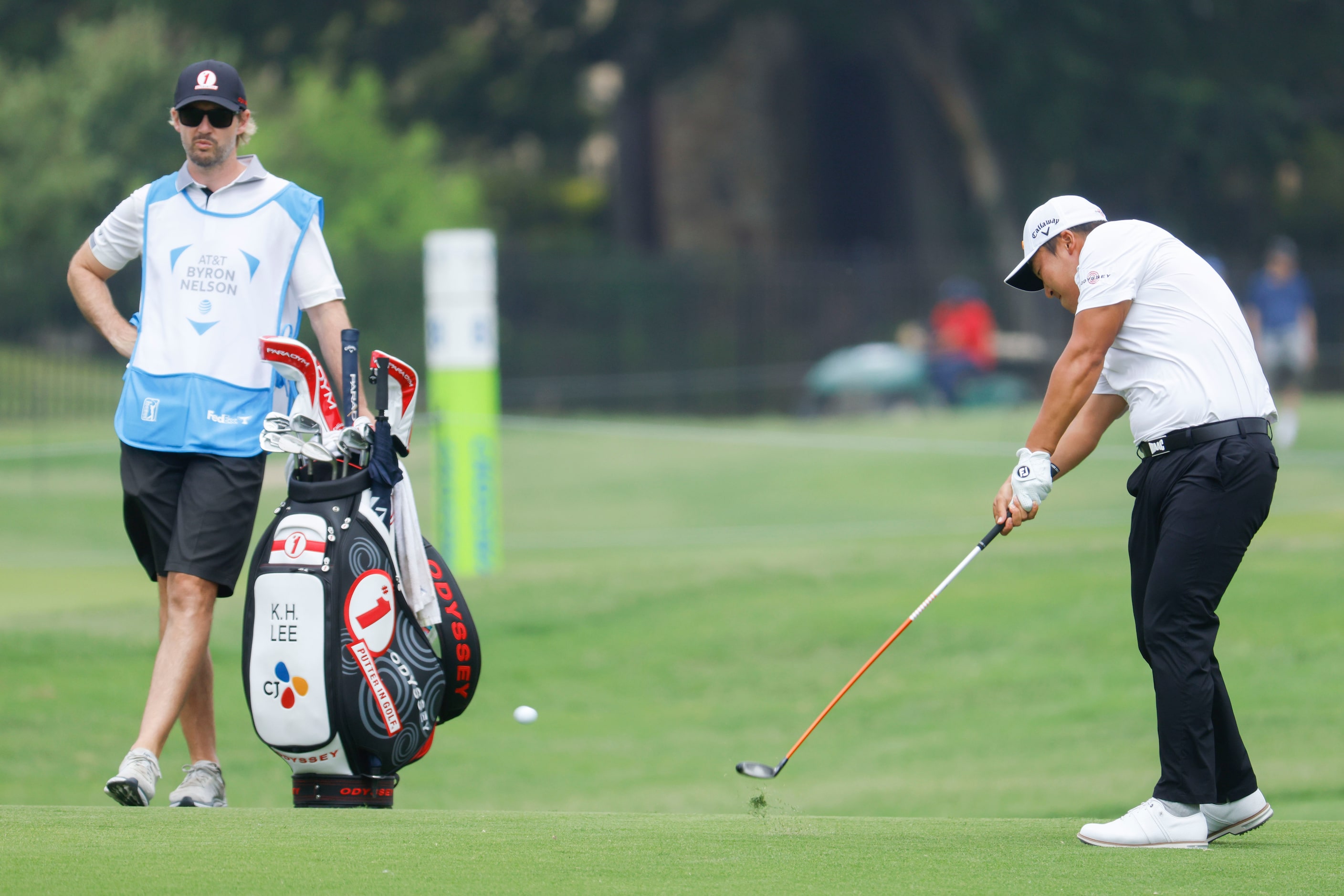 K.H. Lee hits on the green of the ninth hole during the second round of the AT&T Byron...