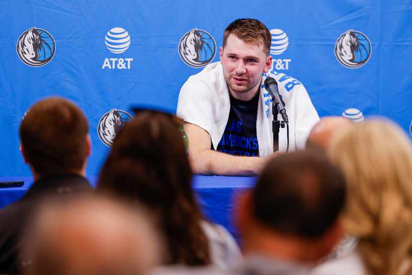 Dallas Mavericks guard Luka Doncic speaks during a press conference after their first...
