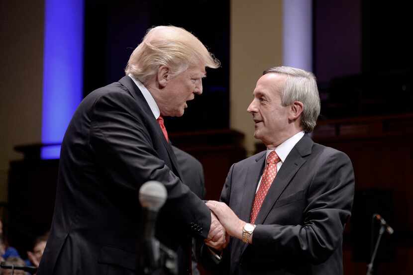 President Donald Trump and First Baptist Dallas senior pastor Robert Jeffress (right)...