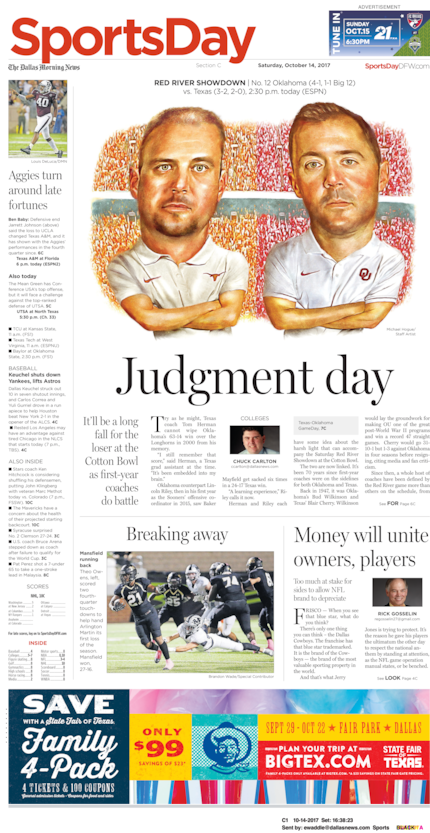 The cover of the Dallas Morning News sports section from Oct. 14, 2017, ahead of the first...