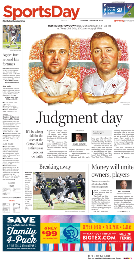 The cover of the Dallas Morning News sports section from Oct. 14, 2017, ahead of the first...