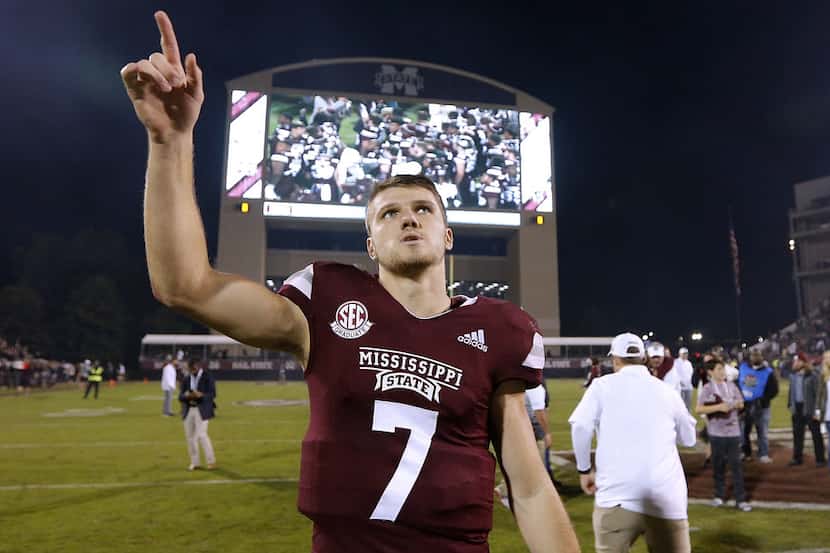STARKVILLE, MS - OCTOBER 27: Nick Fitzgerald #7 of the Mississippi State Bulldogs celebrates...